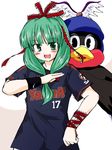 alternate_costume animal_costume artist_request bangs blunt_bangs blush bow front_ponytail green_eyes green_hair hair_bow hair_ribbon kagiyama_hina looking_at_viewer open_mouth penguin_costume red_bow red_ribbon ribbon short_sleeves simple_background solo touhou upper_body wrist_cuffs 