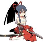  armor bangs bare_shoulders blue_hair brown_hair bushidou_(sekaiju) flat_chest frown hadanugi_dousa hakama himukai_yuuji japanese_clothes katana long_hair looking_at_viewer midriff off_shoulder open_clothes open_shirt ponytail profile red_hakama rope samurai sarashi sekaiju_no_meikyuu sheath shirt sidelocks simple_background sitting socks solo sword tabi weapon white_legwear 