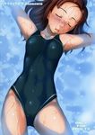  afloat armpits arms_up blush breasts brown_hair cameltoe closed_eyes competition_swimsuit forehead highres kawada_tomoko kimi_kiss lips navel one-piece_swimsuit sakura_kotetsu single_vertical_stripe small_breasts solo swimsuit wet 