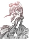  arm_ribbon artist_request blush bow dress front_ponytail gradient hair_bow hair_ornament hair_ribbon hand_to_own_mouth kagiyama_hina long_hair lowres monochrome ribbon short_sleeves simple_background solo touhou traditional_media white_background 
