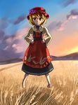  aki_minoriko backlighting barefoot evening field floating hands_on_hips hat hirosato sky solo sunset touhou twilight wheat 