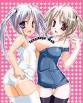  artist_request lowres multiple_girls one-piece_swimsuit original purple_eyes red_eyes school_swimsuit swimsuit thighhighs twintails white_school_swimsuit white_swimsuit 