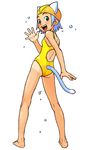  animal_ears aqua_eyes ass bare_shoulders barefoot blue_hair cat_ears cat_tail competition_swimsuit copyright_request from_behind full_body legs_apart looking_at_viewer looking_back one-piece_swimsuit one-piece_tan open_mouth short_hair simple_background solo standing swim_cap swimsuit tail tail_through_clothes tan tanline upper_teeth wang-pac waving white_background yellow_swimsuit 
