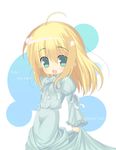  ahoge artoria_pendragon_(all) blonde_hair blue_dress blue_eyes cowboy_shot dress fate/stay_night fate_(series) juliet_sleeves long_sleeves looking_at_viewer omiso_(omiso) puffy_sleeves saber simple_background solo white_background 