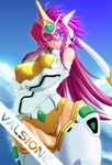  armor artist_request blush breasts circlet cloud covered_nipples crossed_arms day green_eyes huge_breasts long_hair mecha_musume pink_hair sky smile solo super_robot_wars super_robot_wars_the_lord_of_elemental thighhighs valsione valsione_r 