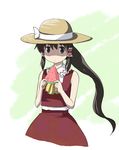  brown_hair food fruit hakurei_reimu haniwa_(leaf_garden) hat holding holding_food holding_fruit ponytail solo staring sun_hat touhou watermelon 