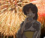  aerial_fireworks alcohol beer black_hair fireworks hana_(hana_mo_arashi_mo) japanese_clothes kimono one_eye_closed original solo yukata 