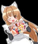  ;d animal_ears apron bangs black_background black_dress blunt_bangs dress eyebrows_visible_through_hair fox_ears gambler_club holding long_sleeves looking_at_viewer maid one_eye_closed open_mouth seto_no_hanayome seto_sun simple_background smile solo upper_body 