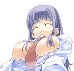  amaya_yuu between_breasts blush breasts closed_eyes copyright_request large_breasts long_hair necktie nipples open_clothes open_shirt purple_hair shirt solo 