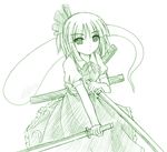  dual_wielding green hitodama holding konpaku_youmu konpaku_youmu_(ghost) monochrome sketch solo sword touhou weapon yaoyorozu-kobo 