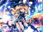  blonde_hair braid broom broom_riding fang glowing hand_on_headwear hat kirisame_marisa long_hair no_nose onineko open_mouth sidesaddle smile solo star touhou witch_hat yellow_eyes 