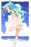  animal_ears aqua_hair bare_shoulders barefoot bikini blush cat_ears cloud day feet full_body green_hair leg_up long_hair nora_higuma open_mouth original outdoors purple_eyes side-tie_bikini soles solo swimsuit wardrobe_malfunction white_bikini 