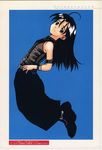  ahoge black_footwear black_hair blue_background boots copyright_request full_body hands_on_hips long_hair scan simple_background sleeveless smile solo wang-pac 