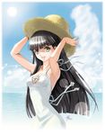  armpits arms_up black_hair cloud copyright_request day hat lens_flare long_hair looking_at_viewer open_mouth sky smile solo straw_hat sun sun_hat water yellow_eyes yuu_(yuyukaikan) 
