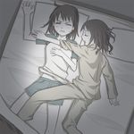  ^_^ ^o^ annoyed bed bed_sheet closed_eyes from_above long_sleeves multiple_girls muted_color on_bed original pajamas pillow raglan_sleeves shorts sleeping uni yuri 