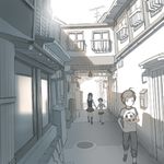  2girls aerial ahoge ball building manhole manhole_cover multiple_girls muted_color original road soccer soccer_ball street telstar uni vanishing_point window 