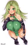  blush breast_suppress breasts collar covered_nipples from_above gloss green_eyes huge_breasts lamia_loveless long_hair nagase_haruhito puffy_nipples solo super_robot_wars sweat wide_hips 