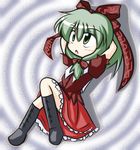  arms_behind_head black_footwear blush boots bow chibi eyebrows eyebrows_visible_through_hair front_ponytail green_eyes hair_between_eyes hair_bow hair_ribbon kagiyama_hina open_mouth puffy_short_sleeves puffy_sleeves r_pascal red_bow red_ribbon red_skirt ribbon short_sleeves skirt solo touhou 