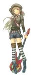  bass_guitar hat instrument long_hair original sabamu solo striped striped_legwear thighhighs 