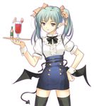  ass_visible_through_thighs bat_wings black_legwear black_wings cowboy_shot cup dasoku_sentarou demon_girl demon_tail demon_wings drinking_glass hair_ribbon hand_on_hip holding holding_tray light_smile low_wings original pointy_ears ribbon short_sleeves simple_background solo suspenders tail thighhighs tray twintails waitress white_background wings wrist_cuffs zettai_ryouiki 