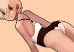  arched_back ass back casual_one-piece_swimsuit dutch_angle grin kiriman_(souldeep) looking_back one-piece_swimsuit orange_hair original pink_hair red_eyes short_hair simple_background smile solo swimsuit 