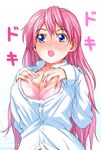  blue_eyes blush bra breasts cleavage lace large_breasts lingerie lucky_star maimu no_eyewear open_clothes open_shirt pink_hair shirt solo takara_miyuki translated underwear 