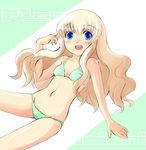  bikini blonde_hair blue_eyes blush long_hair navel open_mouth original sechisu solo striped striped_bikini swimsuit 