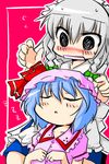  @_@ apron blue_hair blush braid closed_eyes flying_sweatdrops hat hat_ribbon izayoi_sakuya lying_on_lap maid maid_headdress mob_cap morino_harifu multiple_girls red_background remilia_scarlet ribbon silver_hair sleeping sweatdrop touhou twin_braids zzz 