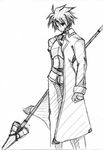  adapted_costume artist_request belt erio_mondial fingerless_gloves gloves greyscale lyrical_nanoha mahou_shoujo_lyrical_nanoha_strikers male_focus monochrome older polearm sketch solo spear spiked_hair strada trench_coat weapon 