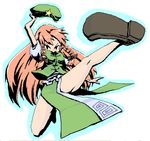  bare_legs bow full_body hair_bow hat hat_removed headwear_removed hong_meiling kicking long_hair red_hair roku_(warrock) shoes short_sleeves solo split star touhou white_background 