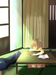  air bare_arms blonde_hair blue_hair blush book closed_eyes curtains denim door hair_ribbon indoors jeans kamio_misuzu kayune_niu lying on_side open_book pants pencil pillow ponytail ribbon short_hair sitting smile solo sunlight table wariza 