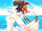  888 bikini blue_eyes bow brown_hair copyright_request day flower hair_flower hair_ornament head_tilt hibiscus long_hair looking_at_viewer midriff ocean outdoors outstretched_arms sky smile solo spread_arms swimsuit twintails watermark web_address white_bikini 
