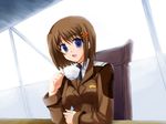  artist_request blue_eyes blush brown_hair chair cup hair_ornament hairclip looking_at_viewer lyrical_nanoha mahou_shoujo_lyrical_nanoha_strikers military military_uniform necktie pov_across_table short_hair sitting solo table teacup tsab_ground_military_uniform uniform upper_body wallpaper x_hair_ornament yagami_hayate 