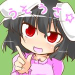  black_hair face inaba_tewi lowres morino_harifu no_nose open_mouth pointing red_eyes short_hair smile solo touhou translated 