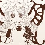  braid finger_to_mouth flower food fruit grapes hands holding looking_at_viewer mercedes monochrome odin_sphere pink pointy_ears solo takanashi twin_braids wings 
