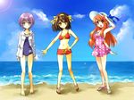  asahina_mikuru beach bikini bikini_top brown_hair day dress hat jacket kagetsu_suzu multiple_girls nagato_yuki name_tag one-piece_swimsuit outdoors polka_dot polka_dot_dress sandals school_swimsuit short_hair suzumiya_haruhi suzumiya_haruhi_no_yuuutsu swimsuit 