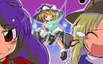  blonde_hair closed_eyes crying electricity extra_eyes hat kirisame_marisa moriya_suwako multiple_girls neki-t purple_hair red_eyes short_hair sweatdrop teardrop tears touhou upper_body wince witch_hat yasaka_kanako 