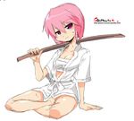  bokken copyright_request oekaki onija_tarou pink_eyes pink_hair sarashi short_hair solo sweat sword weapon wooden_sword 