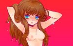  armpits arms_up blue_eyes breasts collarbone dripping hands_in_hair looking_at_viewer nipples nude orange_hair original poitanu red_background shaded_face simple_background small_breasts solo sweat upper_body 