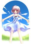  artist_request banned_artist bare_legs blue_sky blush brown_eyes cloud day dress field grass looking_at_viewer original outstretched_arms pink_hair plant see-through_silhouette sky sleeveless sleeveless_dress solo standing suihi sundress 