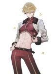  1boy abs belt blonde_hair commentary_request cowboy_shot crop_top fate/grand_order fate/hollow_ataraxia fate_(series) gilgamesh_(fate) hand_on_hip jacket long_sleeves looking_at_viewer male_focus nunok official_alternate_costume pants parted_lips red_eyes red_pants red_shirt shirt short_hair shrug_(clothing) simple_background smile solo sparkle white_background white_jacket 