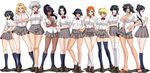  black_hair bleach blonde_hair breasts cleavage contrapposto crossed_legs dark_skin everyone inoue_orihime ise_nanao kagami_hirotaka kotetsu_isane kotetsu_kiyone kuchiki_rukia kurotsuchi_nemu large_breasts lineup long_legs matsumoto_rangiku multiple_girls orange_hair school_uniform shiba_kuukaku shihouin_yoruichi short_hair_with_long_locks silver_hair skirt standing sui-feng thighhighs unohana_retsu watson_cross 