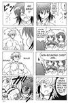  3girls 4koma :&gt; :&lt; anger_vein angry artist_request braid broken_wall clenched_hand comic directional_arrow emphasis_lines empty_eyes face_punch foreshortening greyscale hard_translated ibis_douglas in_the_face kusuha_mizuha monochrome multiple_4koma multiple_girls punching sanger_zonvolt seolla_schweizer shaded_face short_hair simple_background single_braid super_robot_wars translated triangular_headpiece wall white_background 