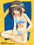  :p barefoot bikini black_hair blue_bikini front-tie_top lotus_position navel short_hair side-tie_bikini sitting solo suzumiya_haruhi suzumiya_haruhi_no_yuuutsu swimsuit tongue tongue_out watermark web_address yuuki_keisuke 