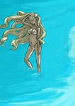  aizawa_yoshihiko arm_at_side arm_up backlighting bikini blonde_hair breasts cleavage closed_eyes floating_hair hair_tucking halterneck hand_on_own_head horns legs_apart long_hair medium_breasts navel original solo standing stomach swimsuit very_long_hair wading water white_swimsuit 