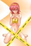  barefoot bikini bottomless breast_squeeze breasts caution_tape censored feet highres kamia_(not_found) kasuga_aya keep_out medium_breasts original solo swimsuit 