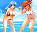  bikini breasts cleavage day hand_on_hip hat large_breasts long_hair looking_at_viewer mizuno_kakeru multiple_girls navel one_eye_closed open_mouth original outdoors straw_hat swimsuit 