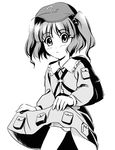  backpack backpack_removed bag belt collar flat_cap frilled_shirt_collar frills greyscale hair_bobbles hair_ornament hat kawashiro_nitori long_sleeves looking_at_viewer monochrome pocket simple_background solo touhou two_side_up white_background yamaguchi_yuu 