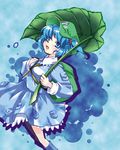  backpack bag blue blue_eyes blue_hair blue_skirt fifty hair_bobbles hair_ornament hat kawashiro_nitori key leaf long_sleeves looking_at_viewer simple_background skirt smile solo touhou two_side_up 