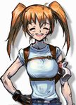  closed_eyes cross_mirage gloves gun holster laughing lowres lyrical_nanoha m_ganzy mahou_shoujo_lyrical_nanoha_strikers military military_uniform orange_hair shoulder_holster solo teana_lanster twintails uniform weapon 